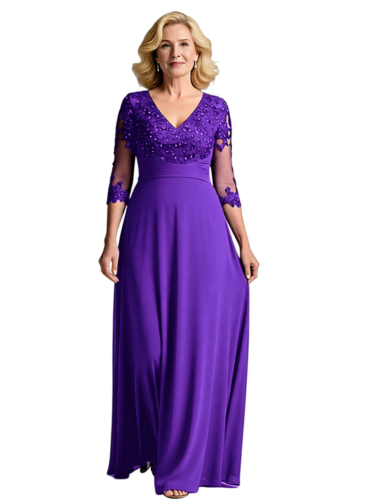 Elegant V-neck 3/4 Sleeves A-line Chiffon Mother of the Brides Dresses