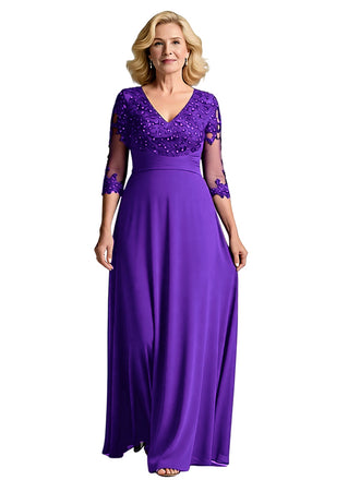 Elegant V-neck 3/4 Sleeves A-line Chiffon Mother of the Brides Dresses