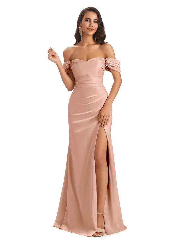 Sexy Off-Shoulder Sweetheart Soft Satin Side Slit Mermaid Floor Length Long Bridesmaid Dresses In Stock