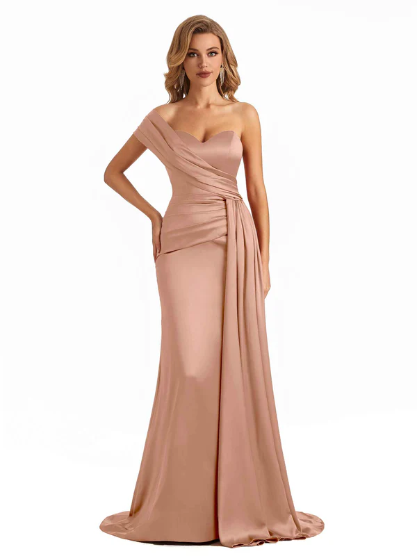 Elegant One Shoulder Soft Satin Long Mermaid Bridesmaid Dresses Online In Stock