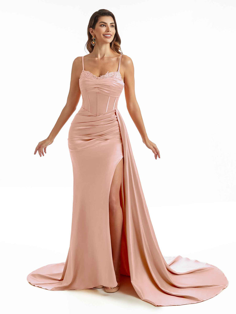 Simple Soft Satin Side Slit Spaghetti Straps Long Mermaid Bridesmaid Dresses Online