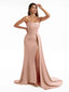 Sexy Side Split Spaghetti Straps Mermaid Long Satin Formal Pleated Bridesmaid Dresses