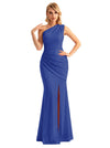 Sexy One Shoulder Mermaid Glitter Jersey Maxi Formal Evening Dresses For Women With Side Slit