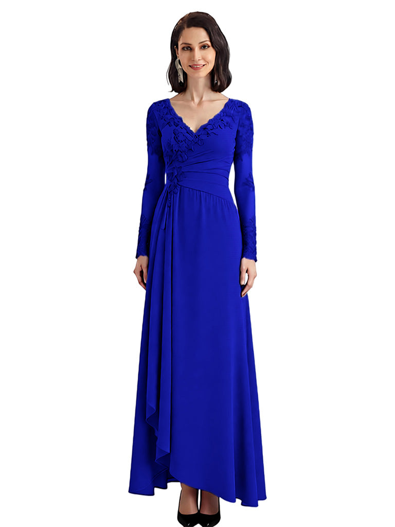 Elegant Chiffon V-neck Long Sleeves A-line High-Low Mother of The Bride Dresses
