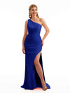 Simple Side Split One Shoulder Stretchy Crepe Long Formal Bridesmaid Dresses