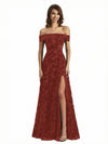 Elegant Floral Burnout Velvet Off The Shoulder Side Slit A-Line Long Formal Evening Gown Dresses