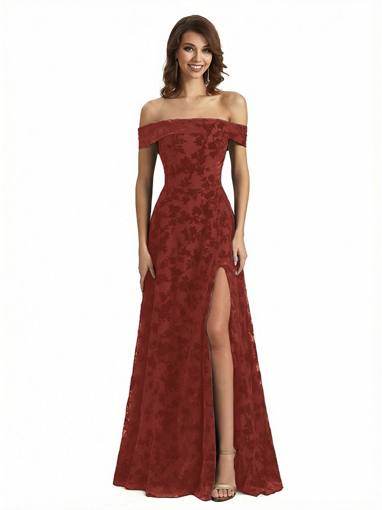 Elegant Floral Burnout Velvet Off The Shoulder Side Slit A-Line Long Formal Evening Gown Dresses
