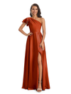 Sexy Soft Satin Side Slit A-Line One Shoulder Ladies Long Bridesmaid Dresses In Stock