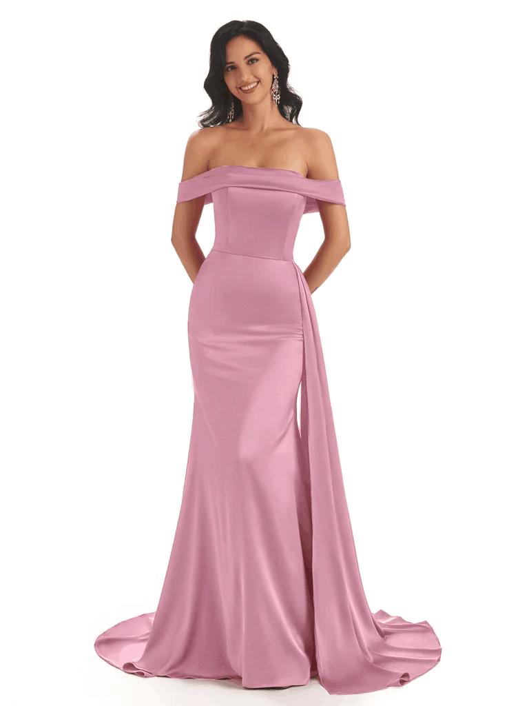 Off The Shoulder Soft Satin Mermaid Floor Length Bridesmaid Dresses Gown In Stock