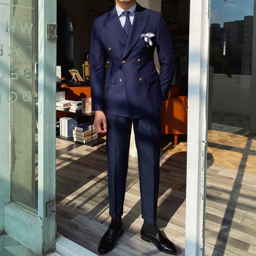 Dark Navy 2 pieces Men‘s Suit Slim Fit Flat Double Breasted Peak Lapel Tuxedo CN501