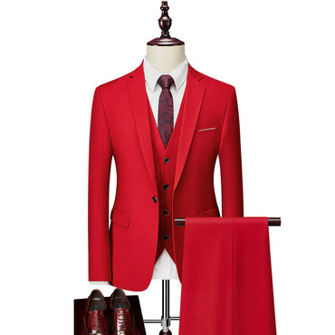 Red Men's Casual 3 Piece Suit Notch Lapel Flat Tuxedos Set CN456