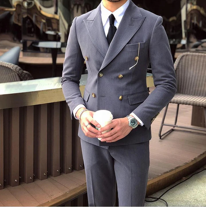 Grey 2 pieces Men‘s Suit Slim Fit Flat Double Breasted Peak Lapel Tuxedo CN503