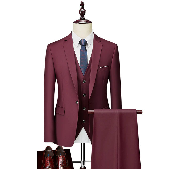 Burgundy Men's Casual 3 Piece Suit Notch Lapel Flat Tuxedos Set CN460