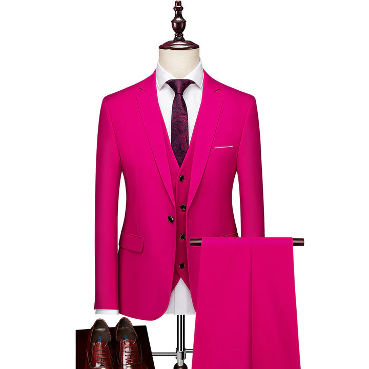 Fuchsia Men's Casual 3 Piece Suit Notch Lapel Flat Tuxedos Set CN466