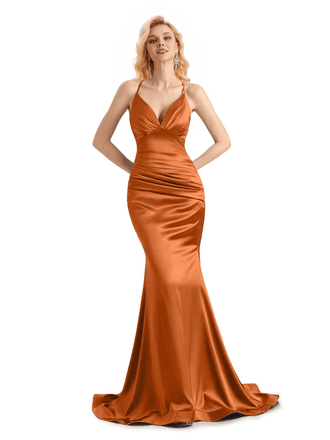 Elegant Soft Satin Mermaid Spaghetti Straps V-Neck Backless Long Bridesmaid Dresses Online In Stock