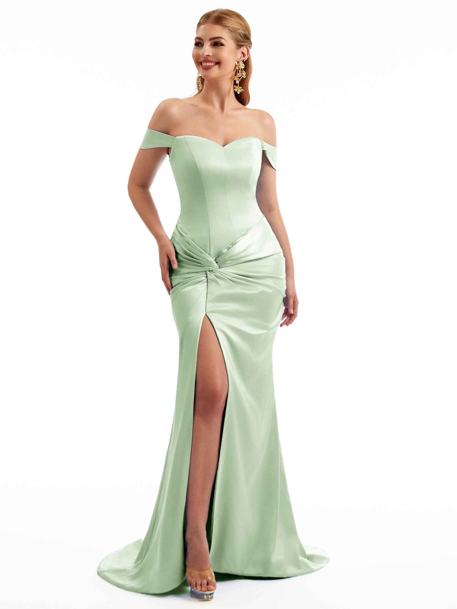 Sage Boho Satin Off Shoulder Bridesmaid Dresses Twisted Design