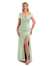 Sage Alluring Boho Bridesmaid Dress Off-Shoulder Crossed Slit Soft Satin