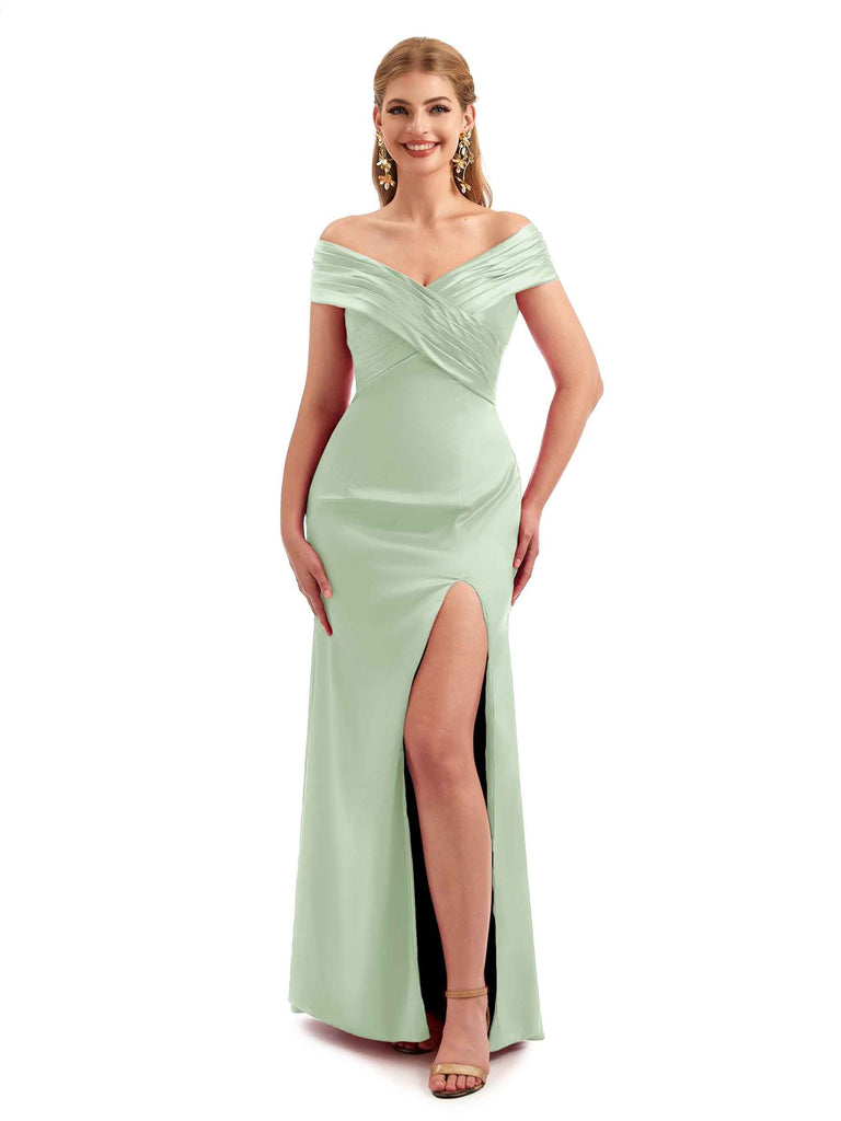 Sage Alluring Boho Bridesmaid Dress Off-Shoulder Crossed Slit Soft Satin