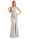 Sexy One Shoulder Mermaid Glitter Jersey Maxi Formal Evening Dresses For Women With Side Slit