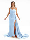 Simple Soft Satin Side Slit Spaghetti Straps Long Mermaid Bridesmaid Dresses Online