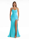 Sexy Side Slit Soft Satin Spaghetti Straps Pleats Long Mermaid Bridesmaid Dresses