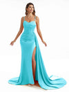 Simple Soft Satin Side Slit Spaghetti Straps Long Mermaid Bridesmaid Dresses Online