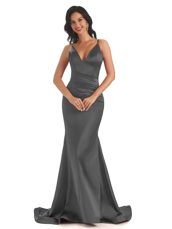 Sexy Spaghetti Straps Soft Satin V-Neck Mermaid Long Bridesmaid Dresses In Stock