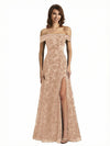 Elegant Floral Burnout Velvet Off The Shoulder Side Slit A-Line Long Formal Evening Gown Dresses
