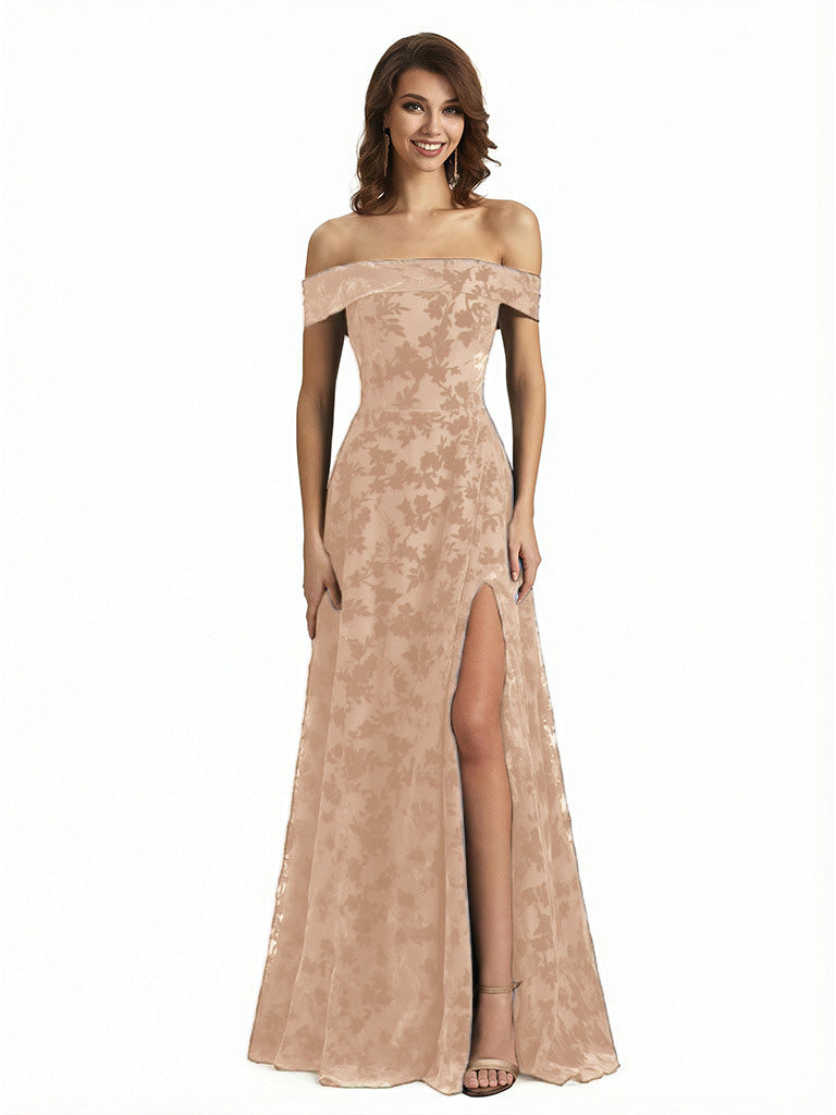 Elegant Floral Burnout Velvet Off The Shoulder Side Slit A-Line Long Formal Evening Gown Dresses