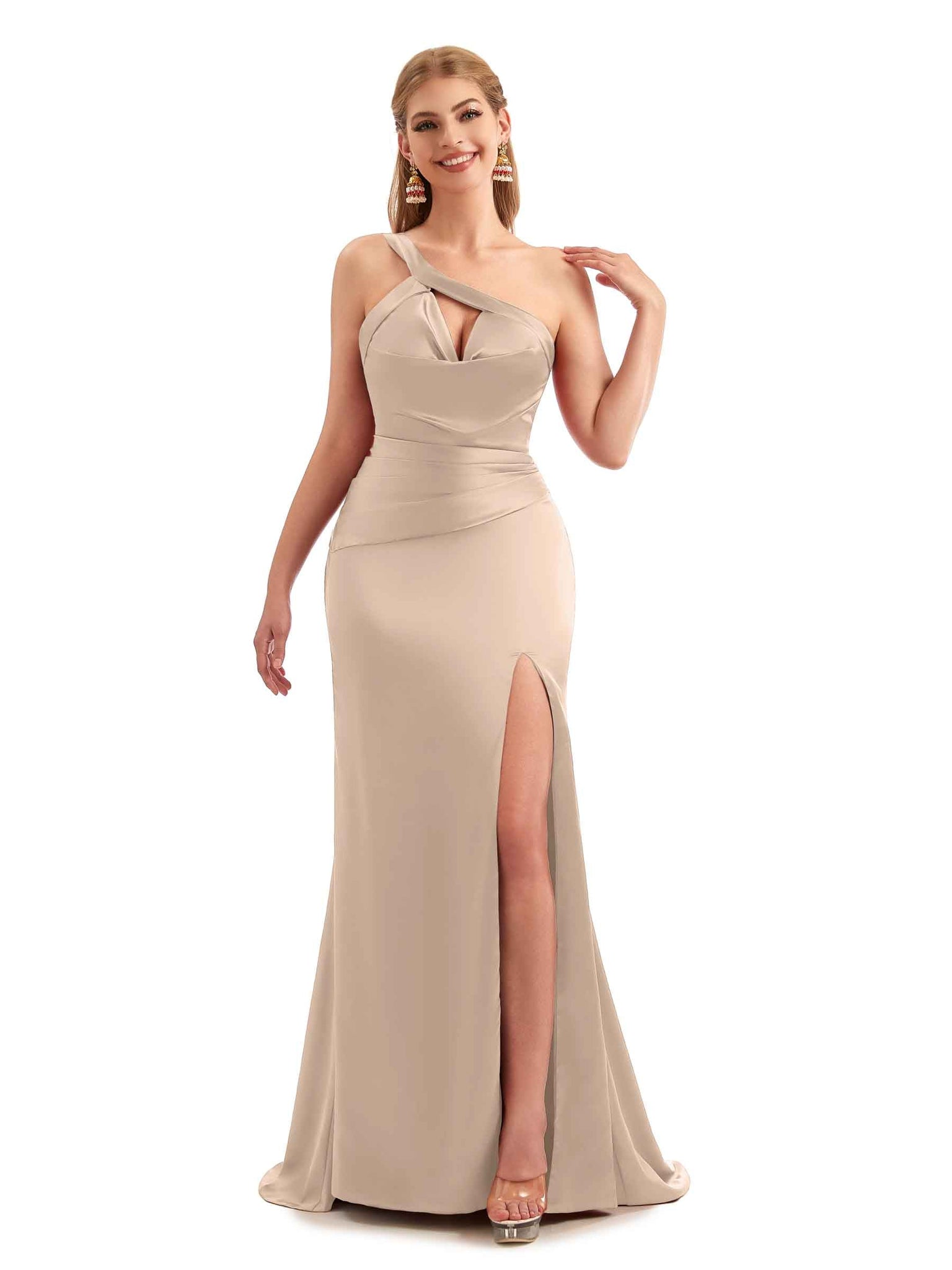 Taupe Cutout Satin Boho Bridesmaid Gown One Shoulder