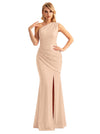 Sexy One Shoulder Mermaid Glitter Jersey Maxi Formal Evening Dresses For Women With Side Slit
