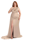 Plus Size Elegant One Shoulder Side Slit Mermaid Soft Satin Long Bridesmaid Dress For Wedding In Stock