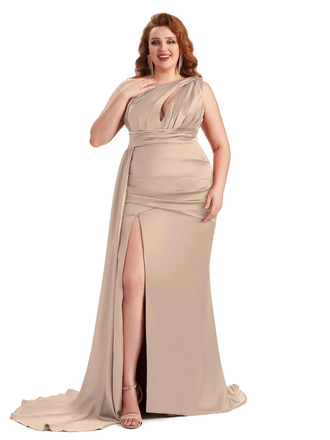 Plus Size Elegant One Shoulder Side Slit Mermaid Soft Satin Long Bridesmaid Dress For Wedding In Stock
