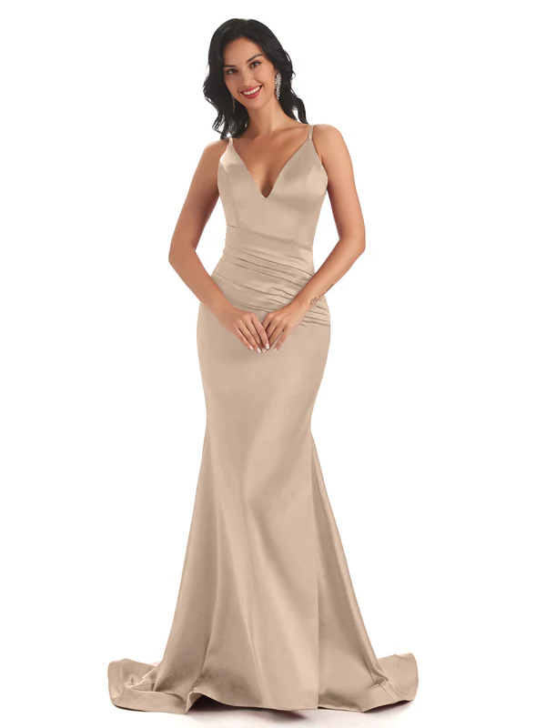 Sexy Spaghetti Straps Soft Satin V-Neck Mermaid Long Bridesmaid Dresses In Stock