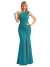 Sexy One Shoulder Mermaid Glitter Jersey Maxi Formal Evening Dresses For Women With Side Slit
