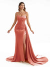 Simple Soft Satin Side Slit Spaghetti Straps Long Mermaid Bridesmaid Dresses Online