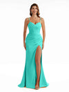 Sexy Side Slit Soft Satin Spaghetti Straps Pleats Long Mermaid Bridesmaid Dresses