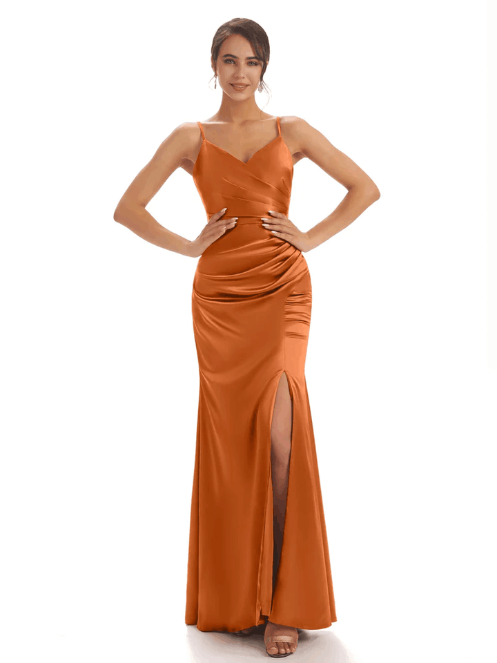 Sexy Spaghetti Straps Soft Satin Pleats Side Slit Mermaid Long Bridesmaid Dresses In Stock