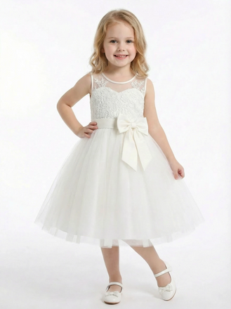 Illusion-Neck Flower Girl Dress with Sleeveless Lace Applique Bodice and A-Line Tulle Skirt