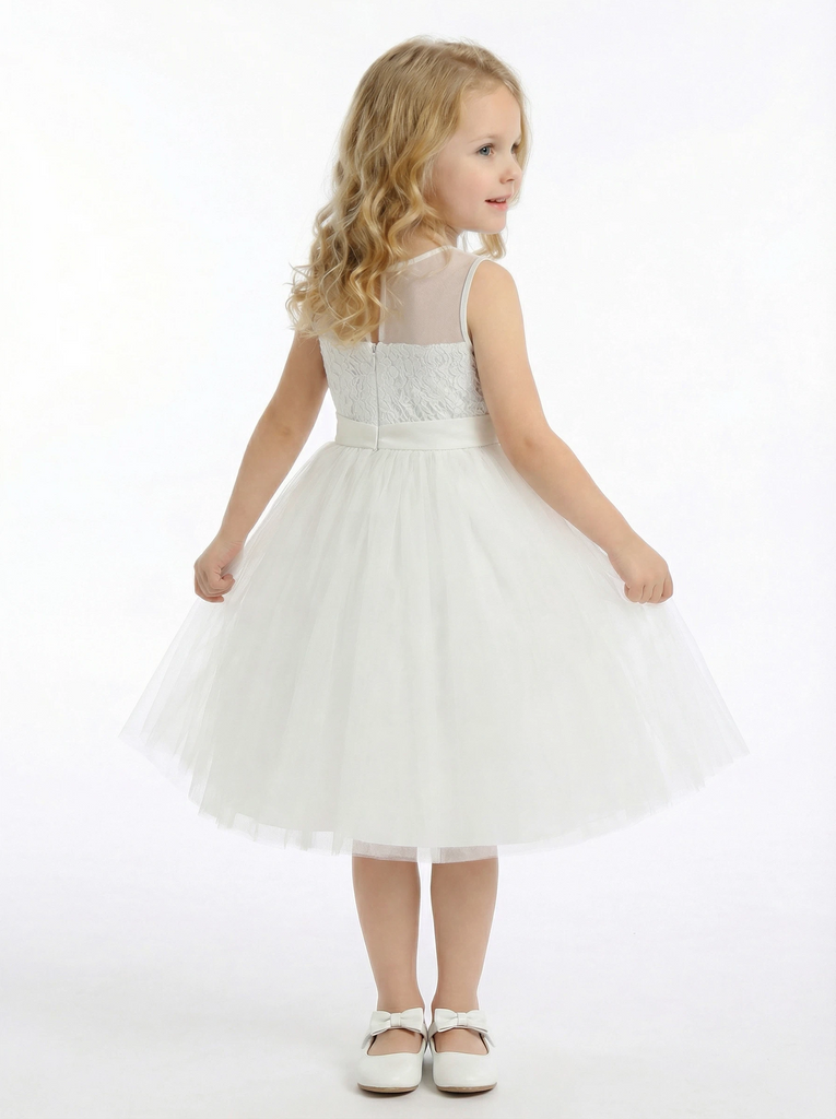 Illusion-Neck Flower Girl Dress with Sleeveless Lace Applique Bodice and A-Line Tulle Skirt