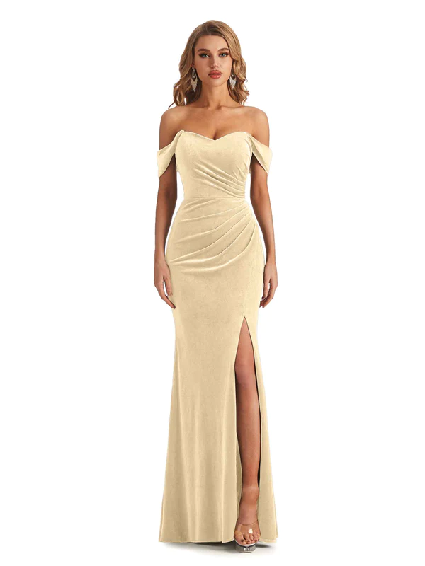 Elegant Mermaid Off Shoulder Pleats Velvet Side Slit Long Bridesmaid Dresses In Stock