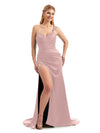 Vintage Mauve One Shoulder Sweetheart Satin Boho Bridesmaid Dress Thigh-High Slit