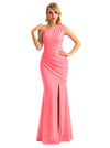 Sexy One Shoulder Mermaid Glitter Jersey Maxi Formal Evening Dresses For Women With Side Slit