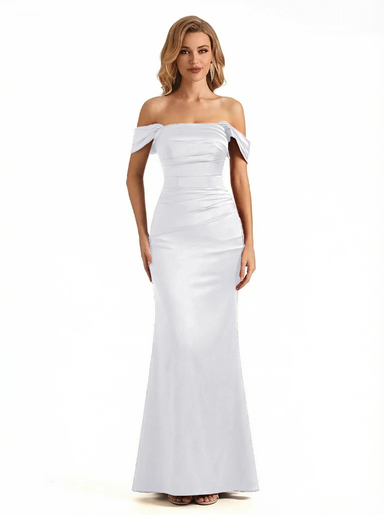 Womens' Sexy Off The Shoulder Mermaid Ruched Satin Long Formal Dresses