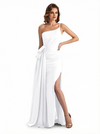 Sexy One Shoulder Sleeveless Mermaid Ruched Satin Long Formal Dresses Side Slit