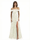 Elegant Floral Burnout Velvet Off The Shoulder Side Slit A-Line Long Formal Evening Gown Dresses