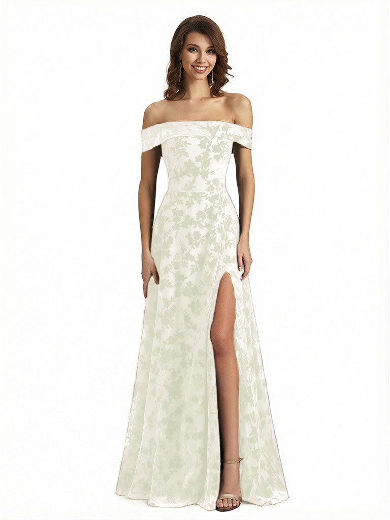 Elegant Floral Burnout Velvet Off The Shoulder Side Slit A-Line Long Formal Evening Gown Dresses
