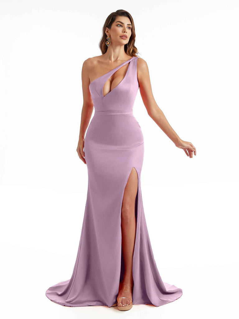 Sexy Soft Satin Side Slit One Shoulder Mermaid Floor Length Wedding Bridesmaid Dresses Online