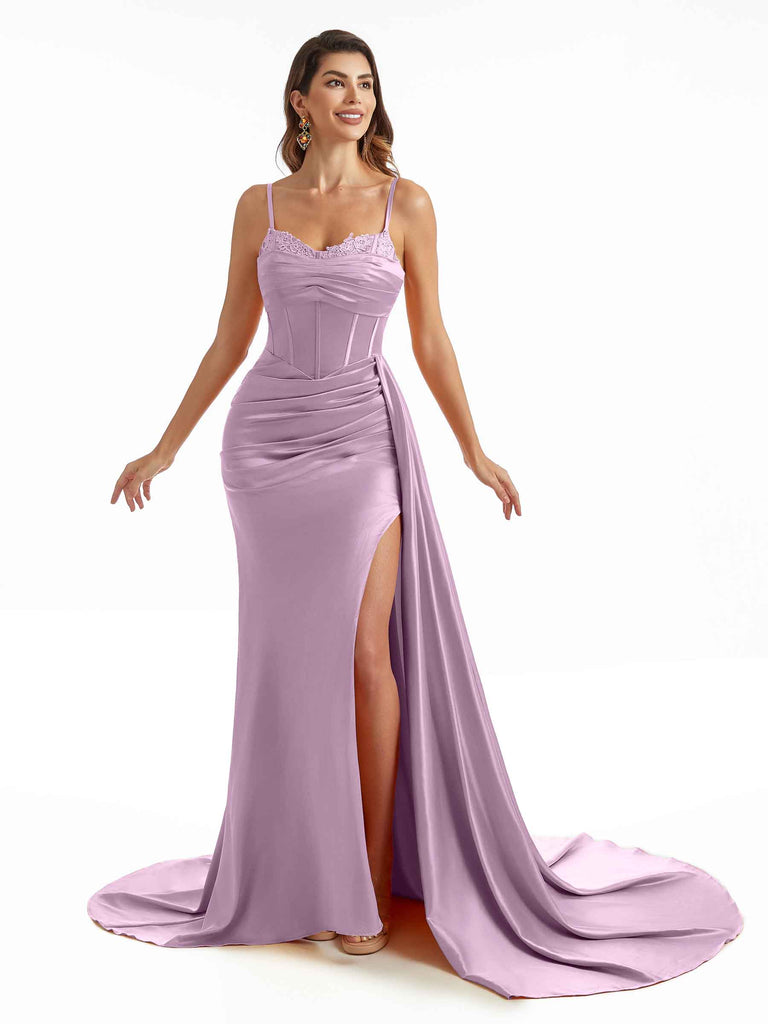 Simple Soft Satin Side Slit Spaghetti Straps Long Mermaid Bridesmaid Dresses Online