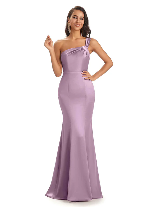 Sexy One shoulder Soft Satin Mermaid Floor Length Long Bridesmaid Dresses In Stock